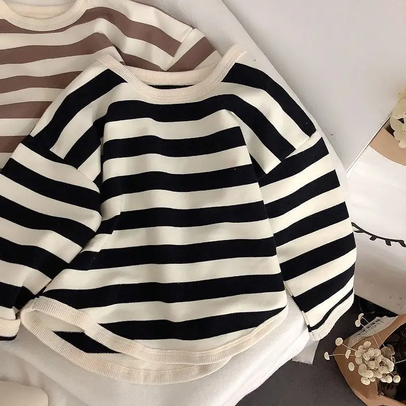 Spring Kids Striped Long Sleeves T-shirt Toddler Girl Loose Bottoming Shirt Boy Baby Casual Tops Fashion Children Cotton Tees