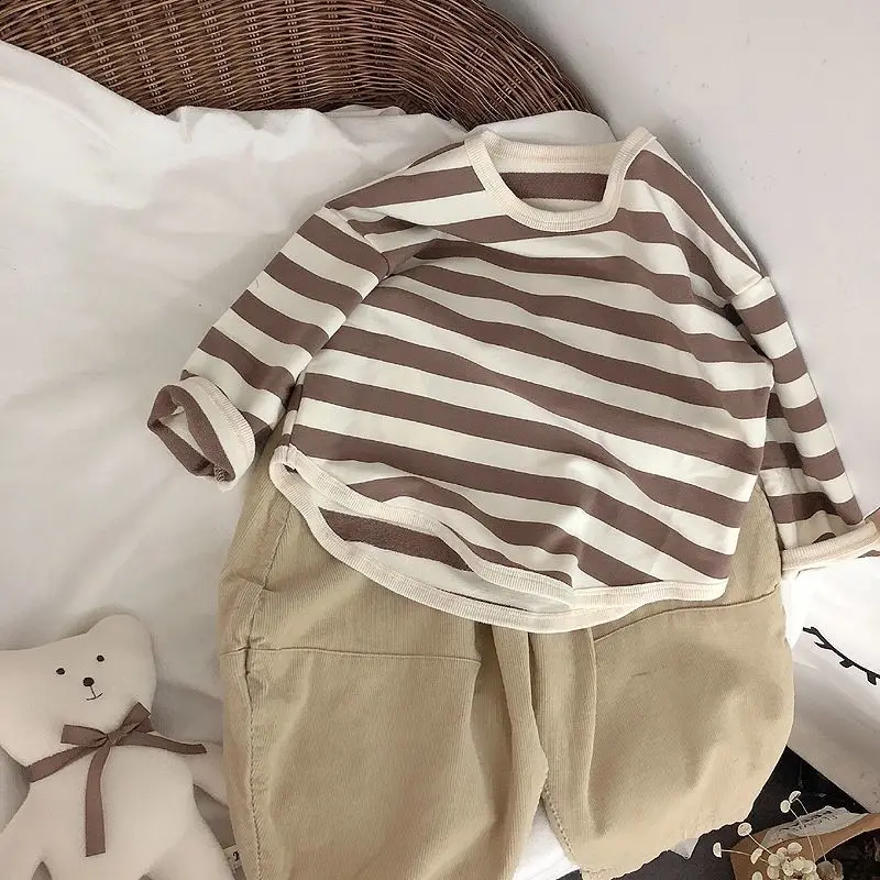 Spring Kids Striped Long Sleeves T-shirt Toddler Girl Loose Bottoming Shirt Boy Baby Casual Tops Fashion Children Cotton Tees