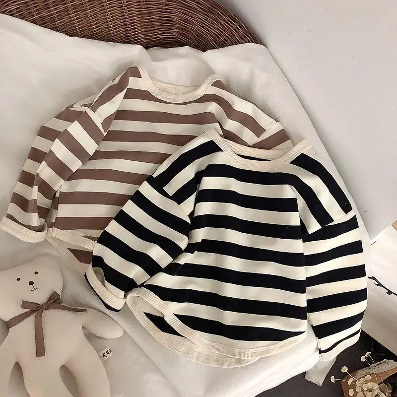Spring Kids Striped Long Sleeves T-shirt Toddler Girl Loose Bottoming Shirt Boy Baby Casual Tops Fashion Children Cotton Tees