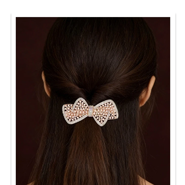 Women's White Hair Clip Korean Version Simulated Pearl Spring Hairpin Bow Hair Accessories Hollow Rhinestone Bride Headpiece