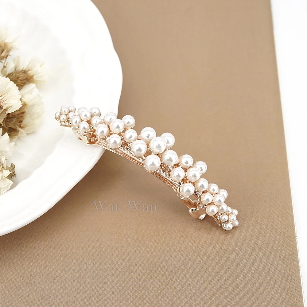 Women's White Hair Clip Korean Version Simulated Pearl Spring Hairpin Bow Hair Accessories Hollow Rhinestone Bride Headpiece