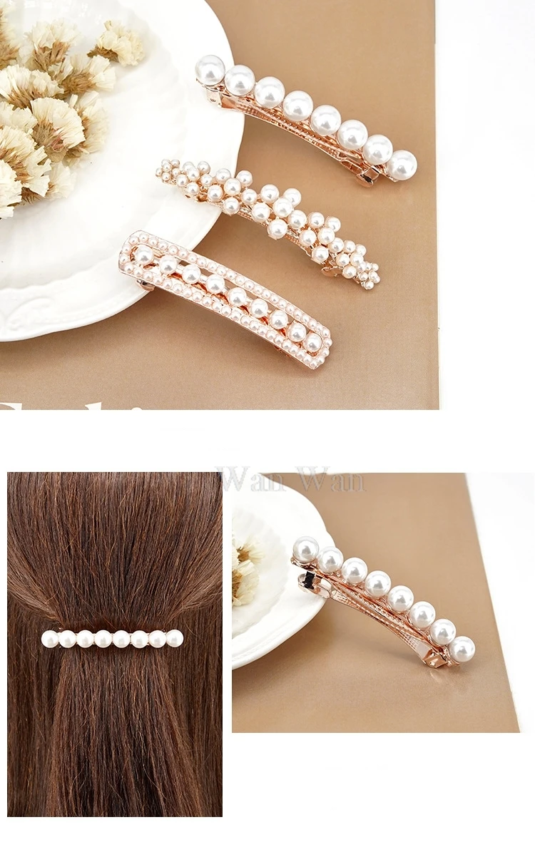 Women's White Hair Clip Korean Version Simulated Pearl Spring Hairpin Bow Hair Accessories Hollow Rhinestone Bride Headpiece
