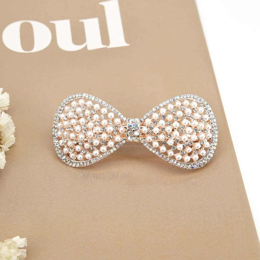 Women's White Hair Clip Korean Version Simulated Pearl Spring Hairpin Bow Hair Accessories Hollow Rhinestone Bride Headpiece