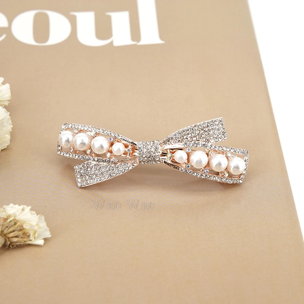 Women's White Hair Clip Korean Version Simulated Pearl Spring Hairpin Bow Hair Accessories Hollow Rhinestone Bride Headpiece
