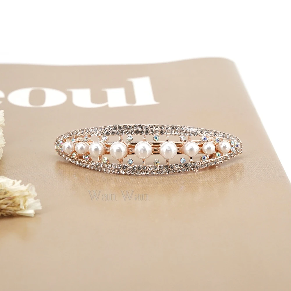 Women's White Hair Clip Korean Version Simulated Pearl Spring Hairpin Bow Hair Accessories Hollow Rhinestone Bride Headpiece