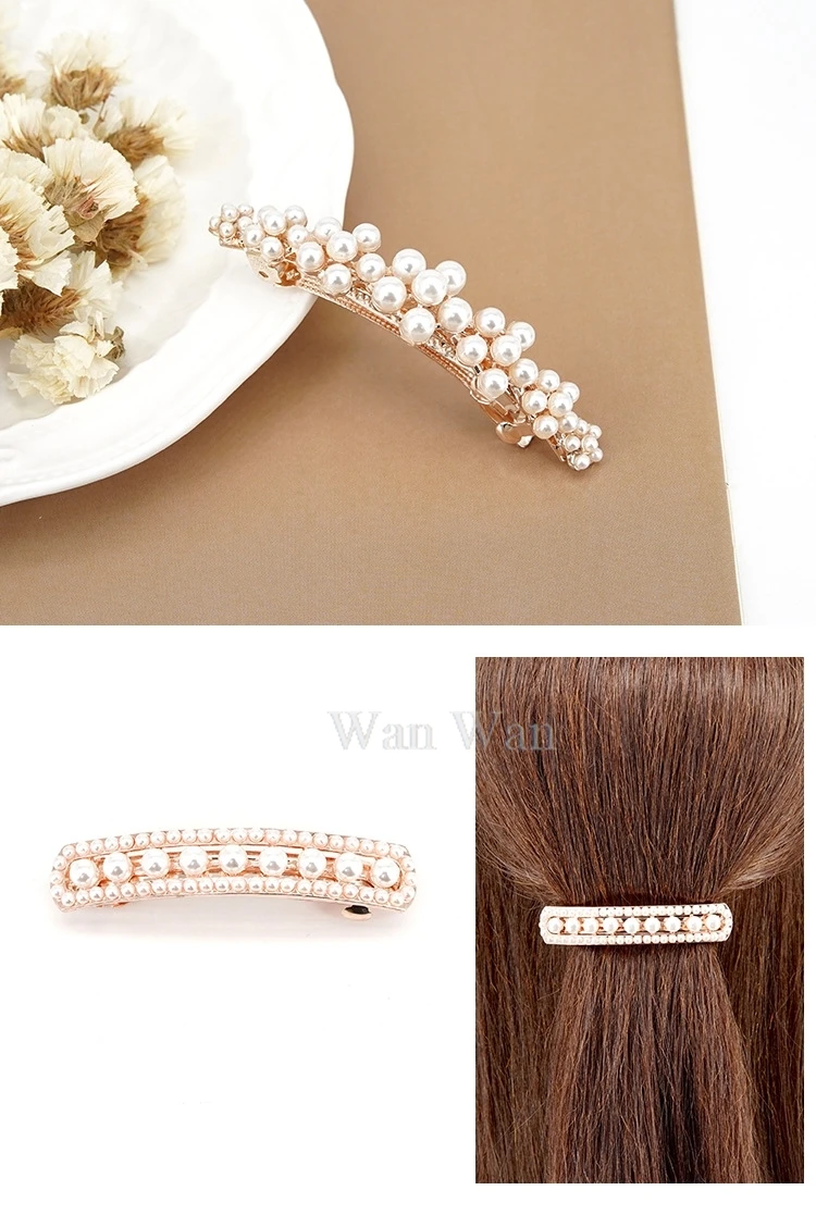 Women's White Hair Clip Korean Version Simulated Pearl Spring Hairpin Bow Hair Accessories Hollow Rhinestone Bride Headpiece