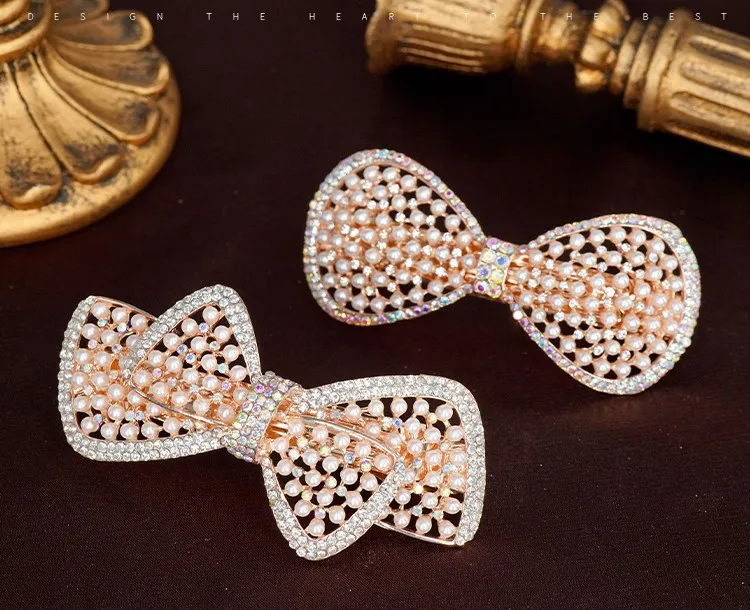 Women's White Hair Clip Korean Version Simulated Pearl Spring Hairpin Bow Hair Accessories Hollow Rhinestone Bride Headpiece