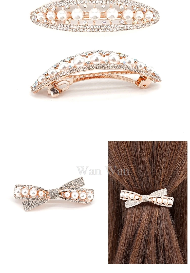 Women's White Hair Clip Korean Version Simulated Pearl Spring Hairpin Bow Hair Accessories Hollow Rhinestone Bride Headpiece