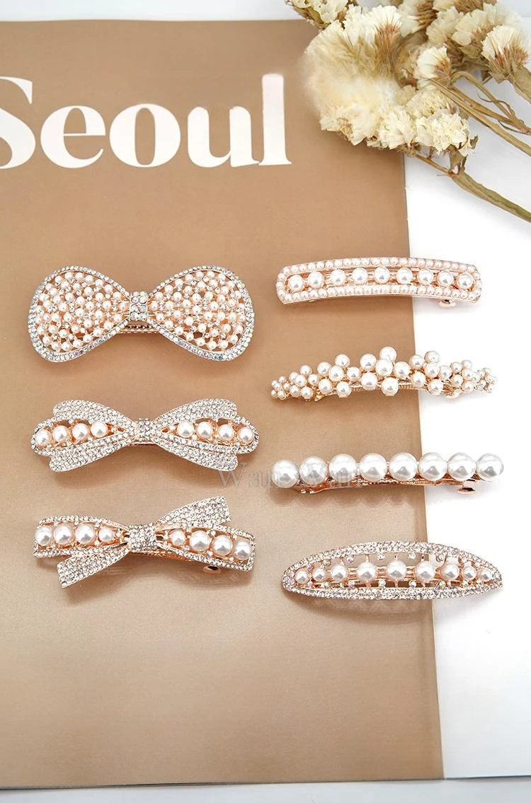 Women's White Hair Clip Korean Version Simulated Pearl Spring Hairpin Bow Hair Accessories Hollow Rhinestone Bride Headpiece
