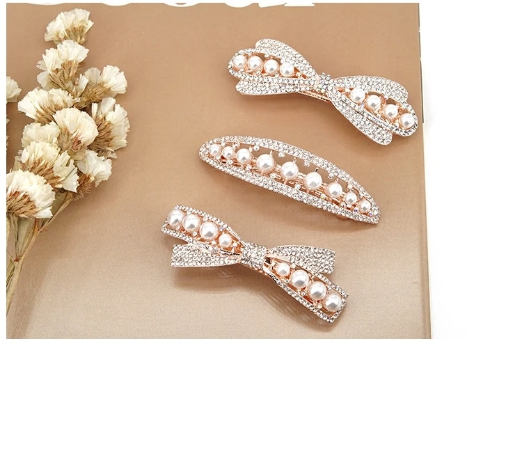 Women's White Hair Clip Korean Version Simulated Pearl Spring Hairpin Bow Hair Accessories Hollow Rhinestone Bride Headpiece