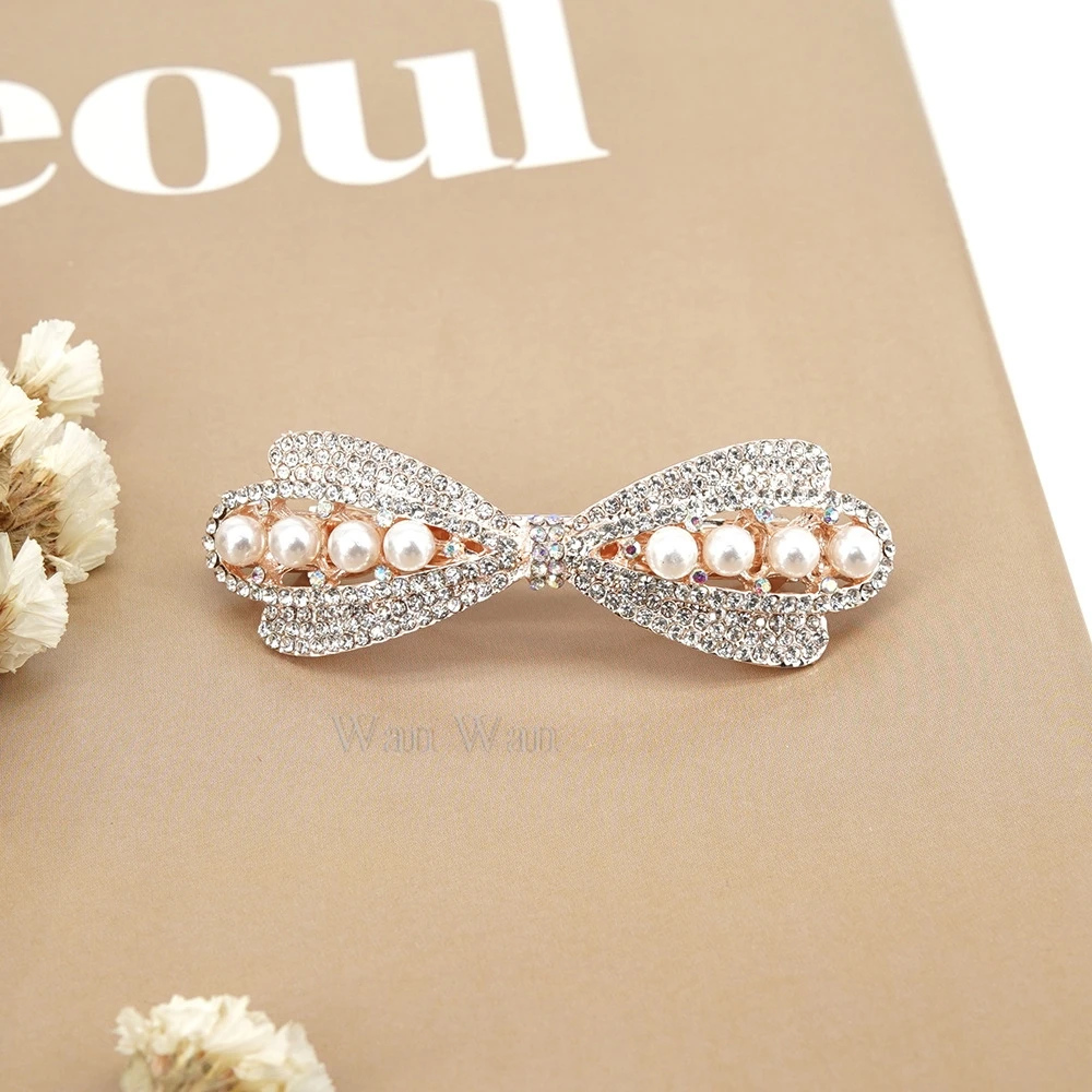 Women's White Hair Clip Korean Version Simulated Pearl Spring Hairpin Bow Hair Accessories Hollow Rhinestone Bride Headpiece