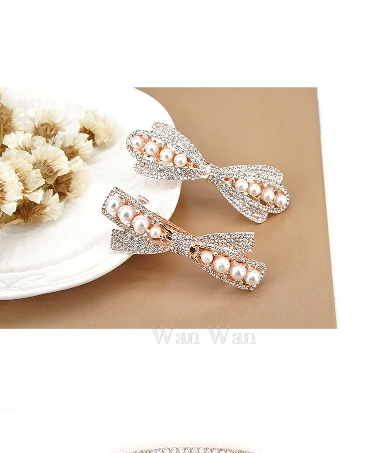 Women's White Hair Clip Korean Version Simulated Pearl Spring Hairpin Bow Hair Accessories Hollow Rhinestone Bride Headpiece