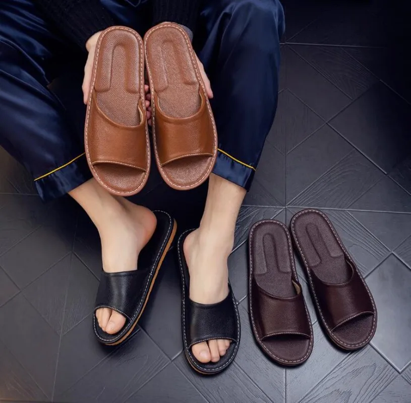 Genuine Leather Slippers Homes In Indoor Slipper Summer Open Toe Sandals Men Women Elderly Casual Slides Shoes