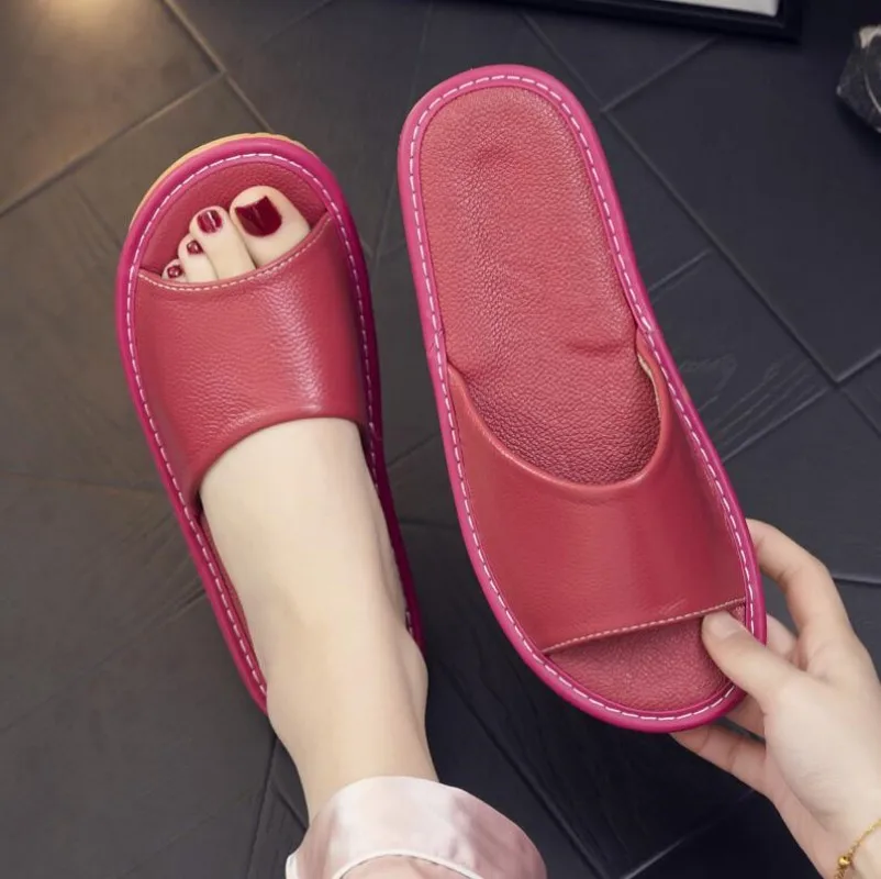 Genuine Leather Slippers Homes In Indoor Slipper Summer Open Toe Sandals Men Women Elderly Casual Slides Shoes
