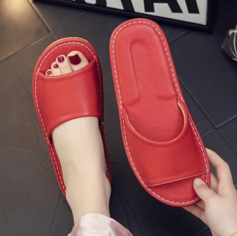 Genuine Leather Slippers Homes In Indoor Slipper Summer Open Toe Sandals Men Women Elderly Casual Slides Shoes