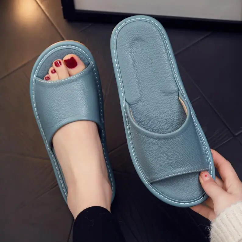 Genuine Leather Slippers Homes In Indoor Slipper Summer Open Toe Sandals Men Women Elderly Casual Slides Shoes