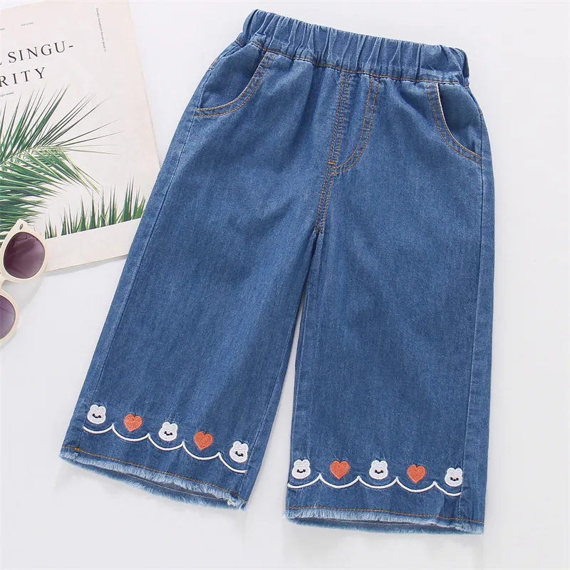 Pure Cotton Girls Jeans Summer Soft Thin Children Trousers Sweet Cute Rabbit Heart Embroidered Kids Wide-Leg Pants 1-6 Y Toddler