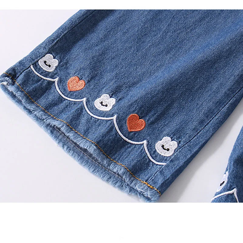 Pure Cotton Girls Jeans Summer Soft Thin Children Trousers Sweet Cute Rabbit Heart Embroidered Kids Wide-Leg Pants 1-6 Y Toddler