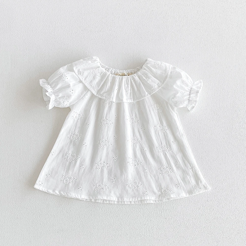 Baby Girl's Blouse Summer New Cotton Breathable Shirt Tops Clothing for Girls Versatile Ruffle Collar Short Sleeved T-shirt