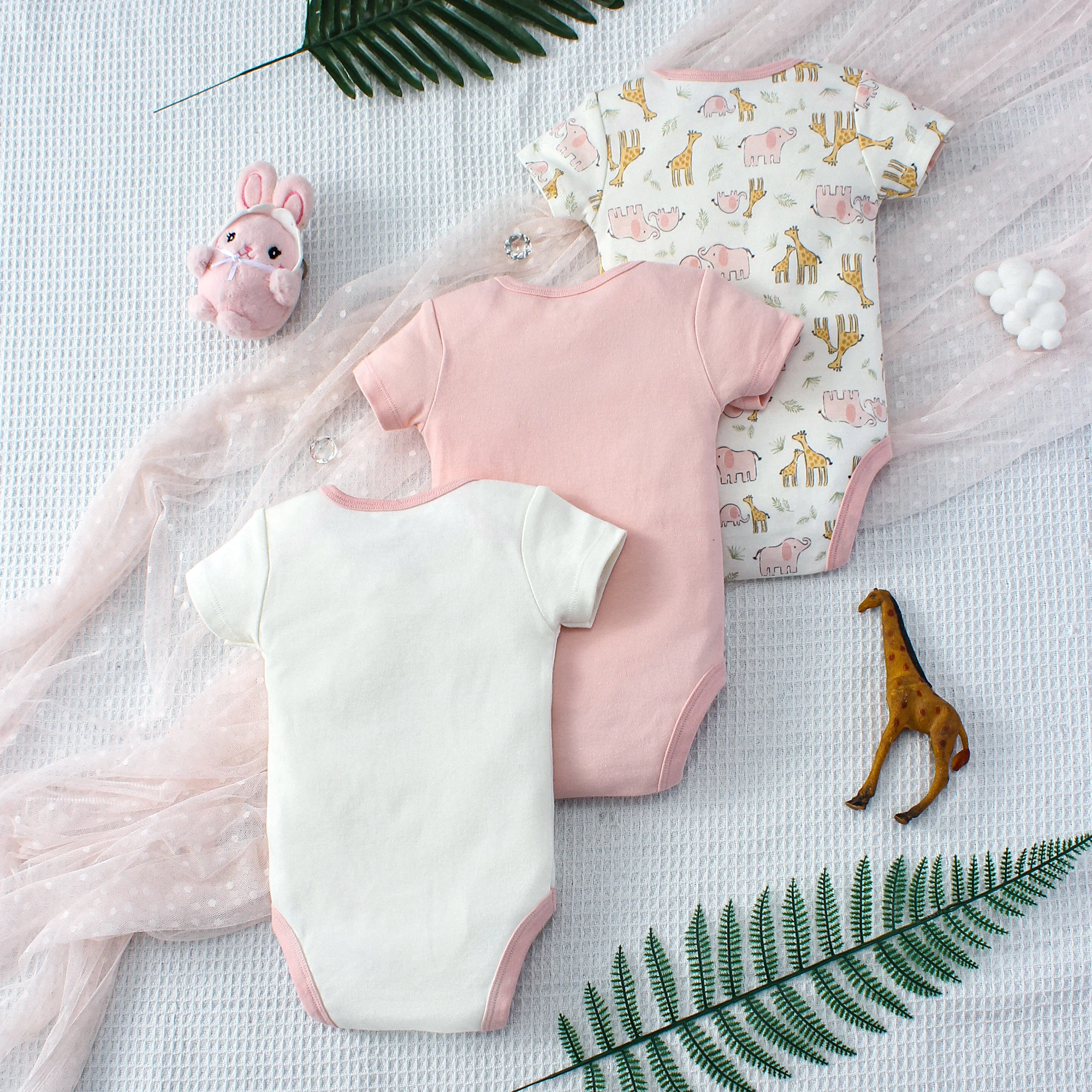  3PCS Summer Baby Girls Three Piece Bodysuit Animal Kingdom and Elephant Letter Pattern Short Sleeve Bodysuit Mother's Day Gif