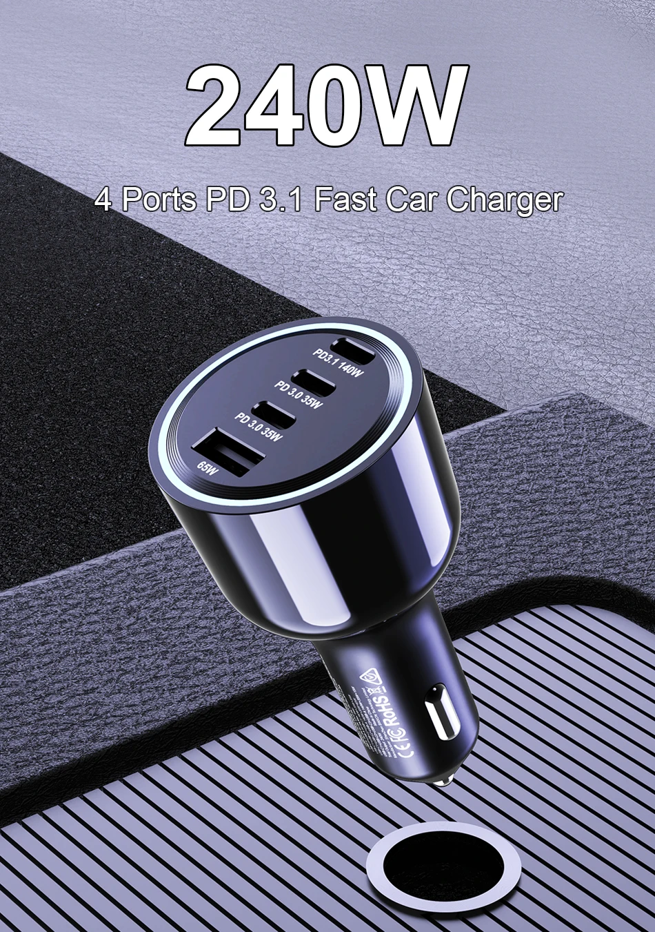 Ubigbuy 240W Car Charger PD 3.1 140W 100W PPS 45W Super Fast Charging USB C Car Phone Adapter for MacBook Pro iPhone 15 Samsung