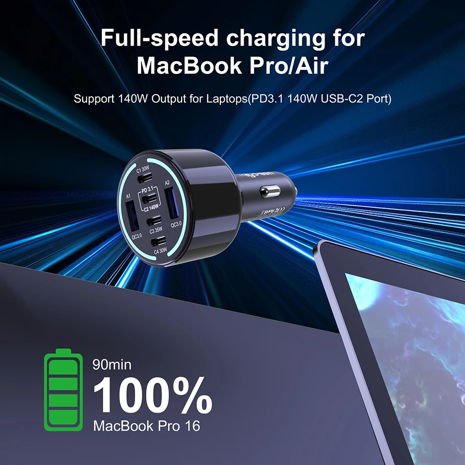 Ubigbuy 240W Car Charger PD 3.1 140W 100W PPS 45W Super Fast Charging USB C Car Phone Adapter for MacBook Pro iPhone 15 Samsung