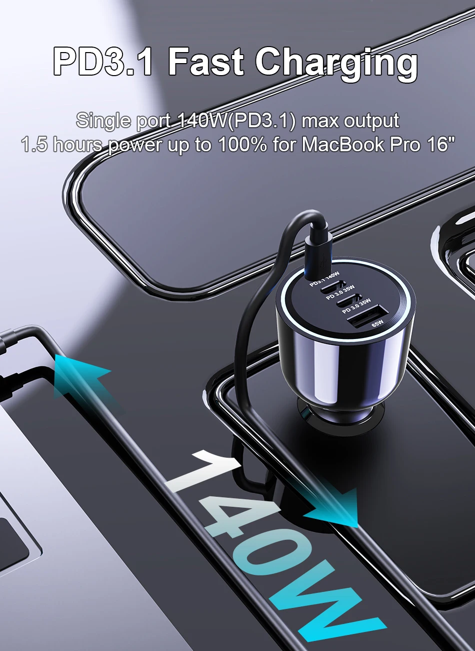 Ubigbuy 240W Car Charger PD 3.1 140W 100W PPS 45W Super Fast Charging USB C Car Phone Adapter for MacBook Pro iPhone 15 Samsung