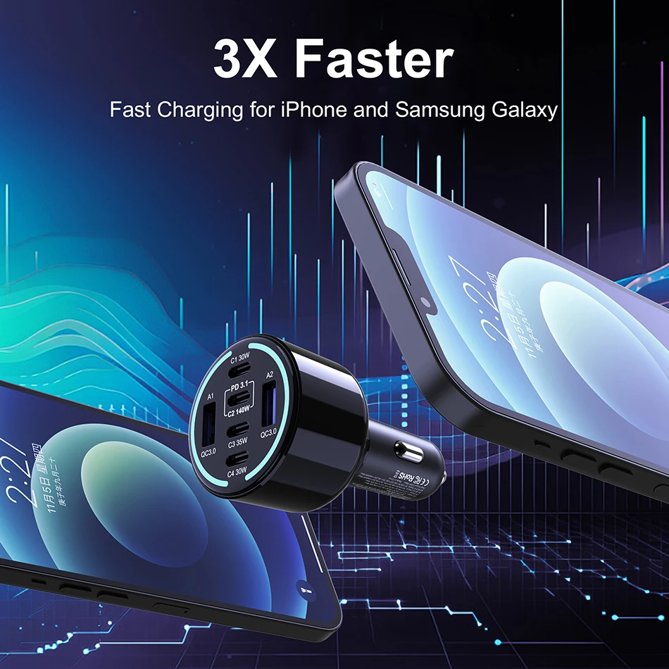 Ubigbuy 240W Car Charger PD 3.1 140W 100W PPS 45W Super Fast Charging USB C Car Phone Adapter for MacBook Pro iPhone 15 Samsung