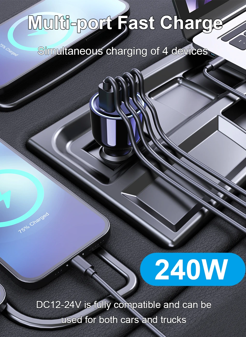Ubigbuy 240W Car Charger PD 3.1 140W 100W PPS 45W Super Fast Charging USB C Car Phone Adapter for MacBook Pro iPhone 15 Samsung