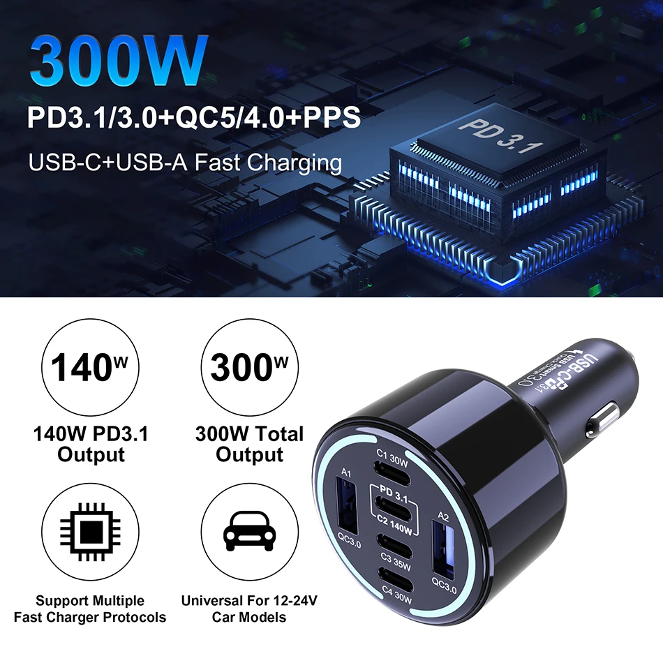 Ubigbuy 240W Car Charger PD 3.1 140W 100W PPS 45W Super Fast Charging USB C Car Phone Adapter for MacBook Pro iPhone 15 Samsung
