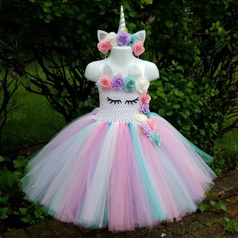 Cute Baby Girls Pastel Unicorn Flowers Tutu Dress Kids Crochet Dress with Hairbow Children Christmas Party Costume Cosplay Dress