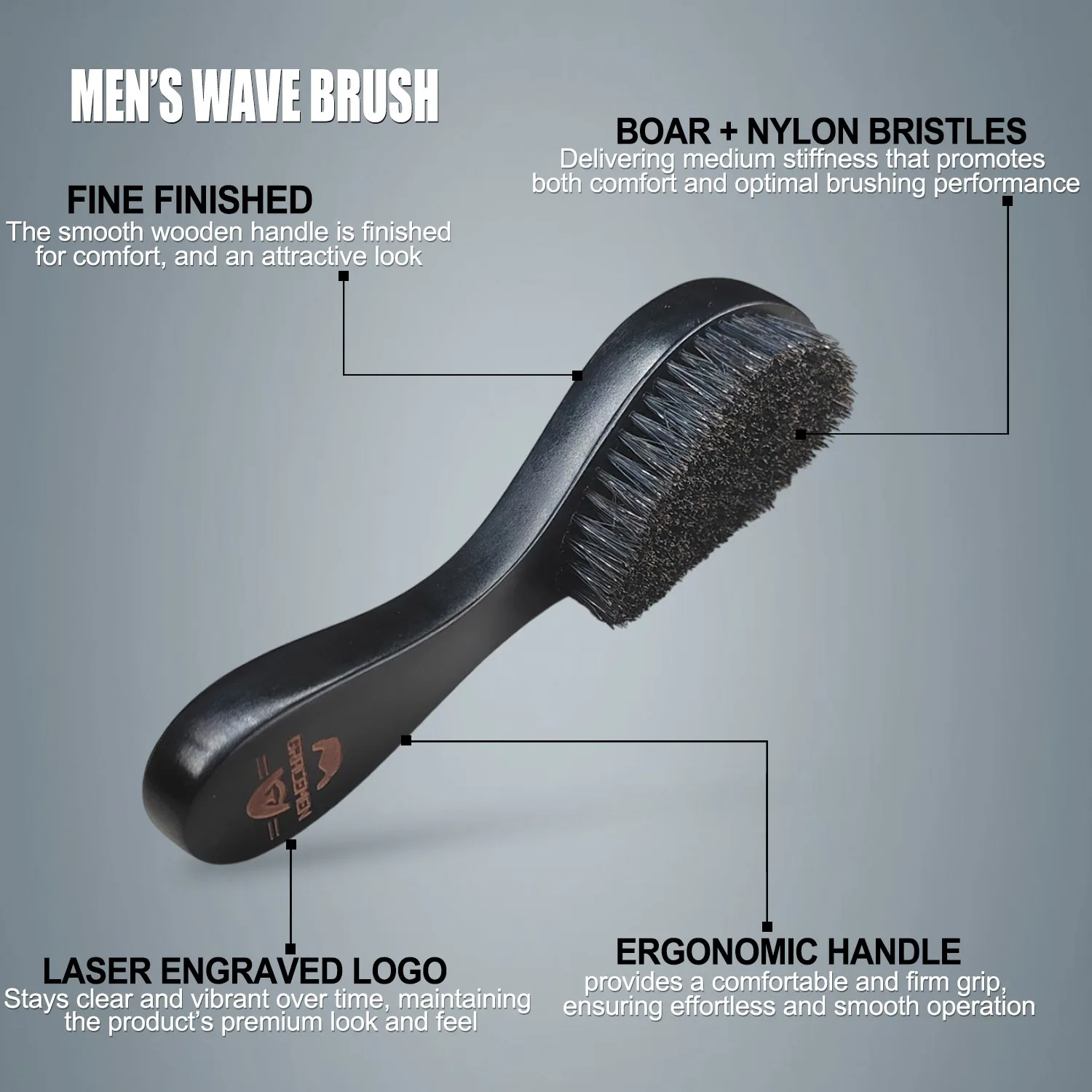 Gracemen 360 Wave Brush for Men Medium Stiffness Boar + Nylon Bristles Hair Beard Brush Multi Color Wood Handle Styling Comb