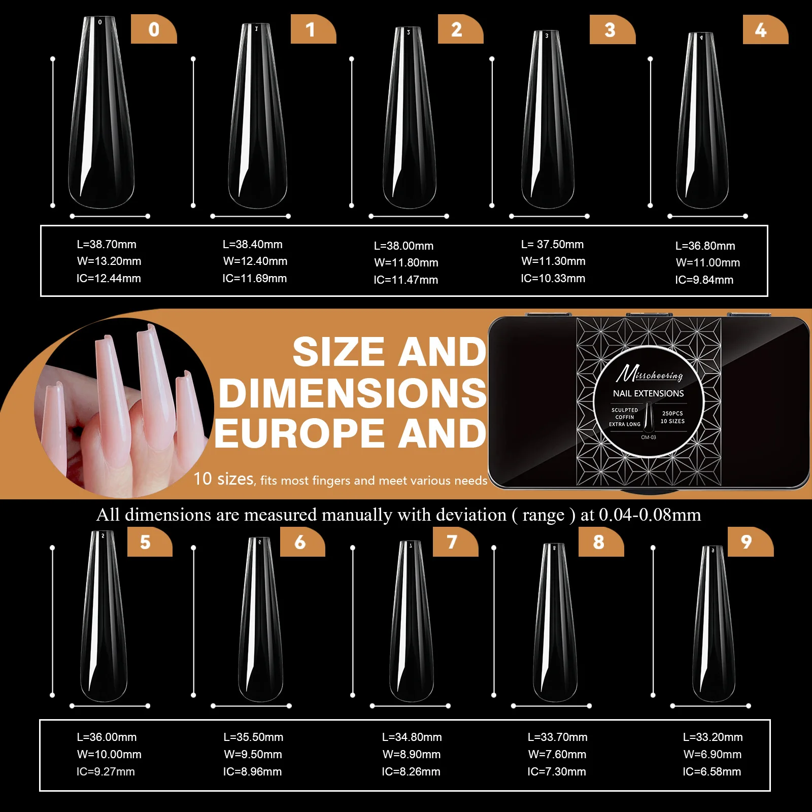 250pcs/box Transparent Seamless Fake Nail Soft Full Cover Trapezoidal Oval Almond Full Paste for Nail Decoration Tools