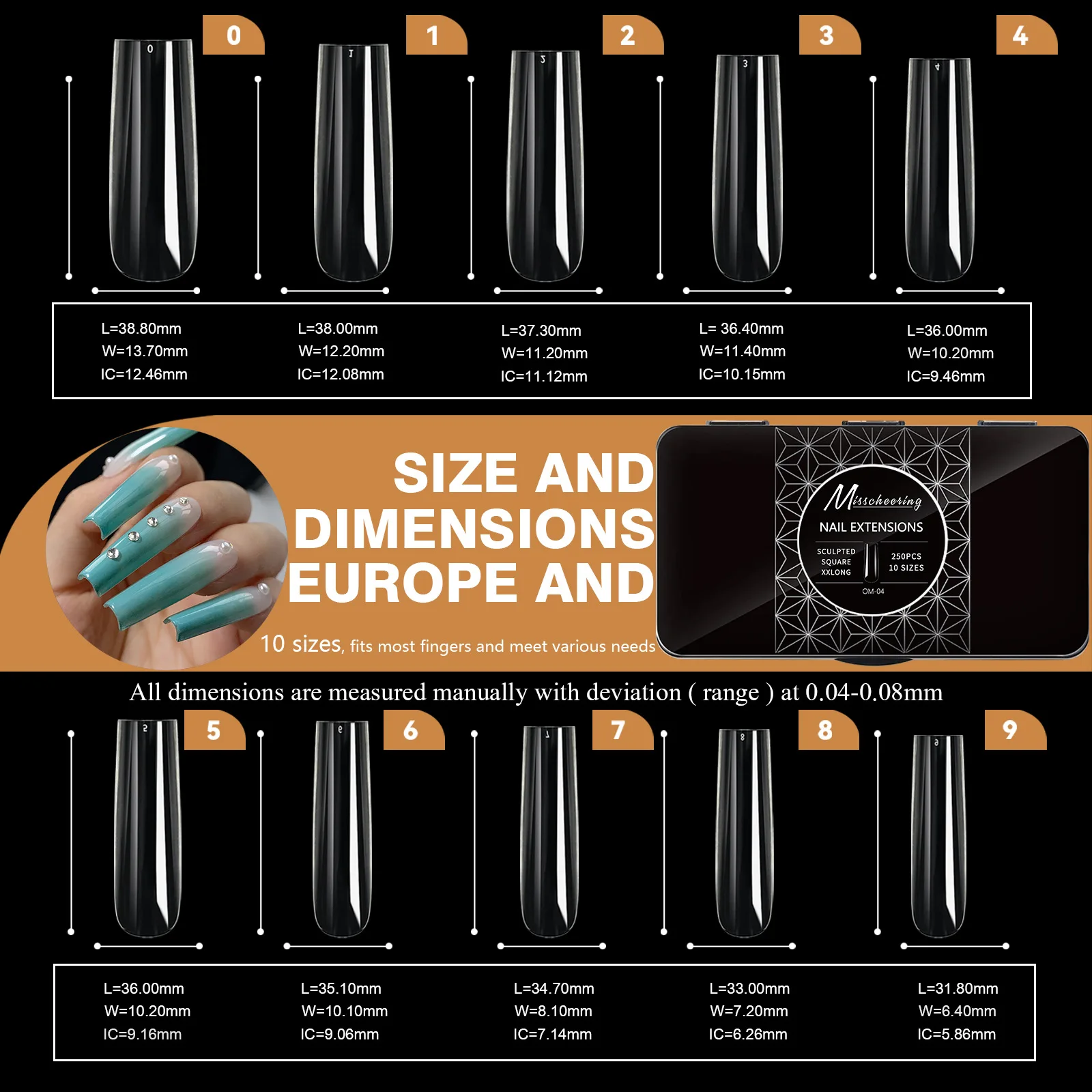 250pcs/box Transparent Seamless Fake Nail Soft Full Cover Trapezoidal Oval Almond Full Paste for Nail Decoration Tools