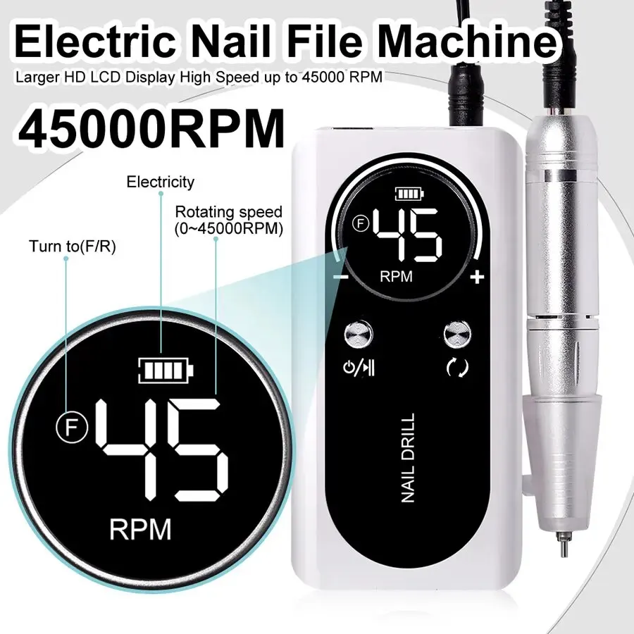 45000RPM Nail Drill Machine Portable Electric Nail File Machine Rechargeable Nail Lathe Nail Polish Gel Sander Nail Art Tools