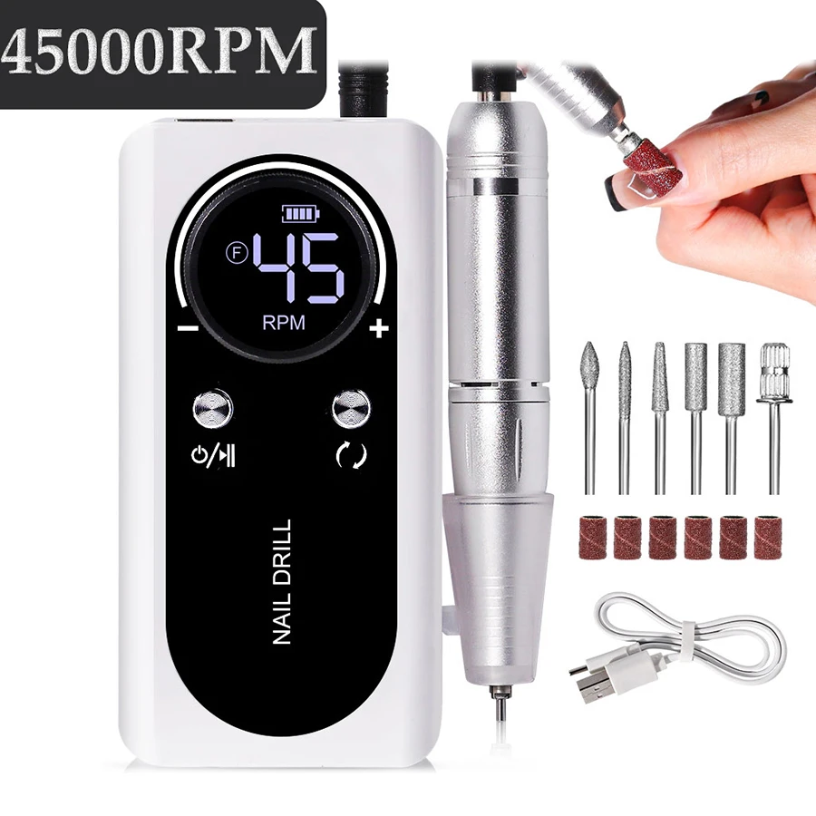 45000RPM Nail Drill Machine Portable Electric Nail File Machine Rechargeable Nail Lathe Nail Polish Gel Sander Nail Art Tools