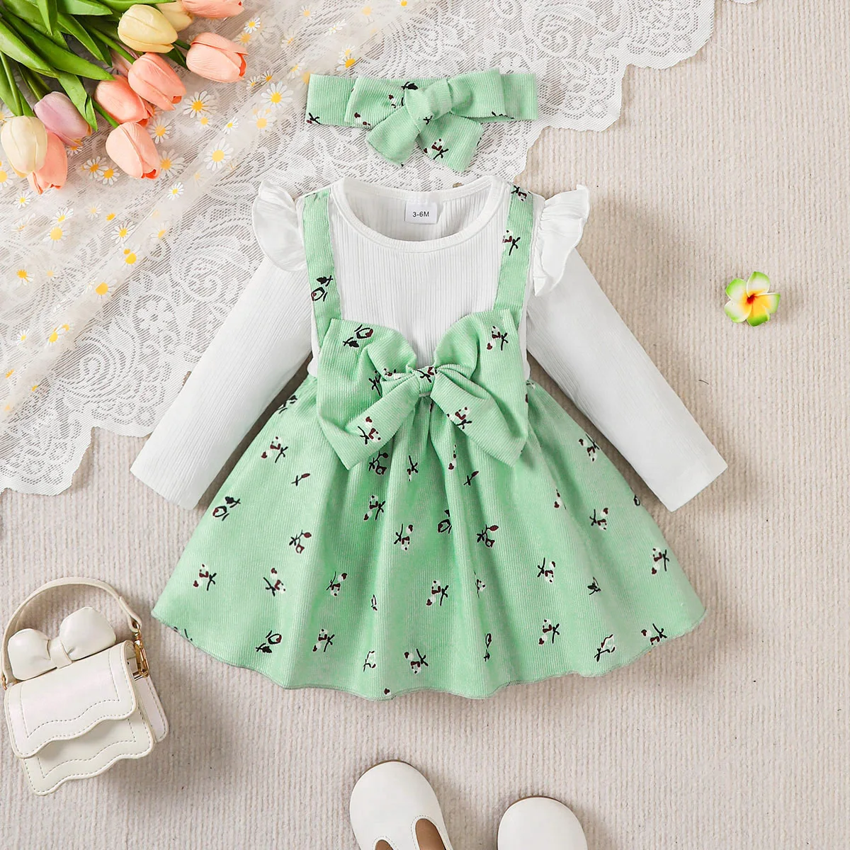2pc/Set Childrens' baby Girl Dress Color Blocking Broken Flowers Big Bow Princess Dress+Headband 0-24 Months baby Fashion Dress
