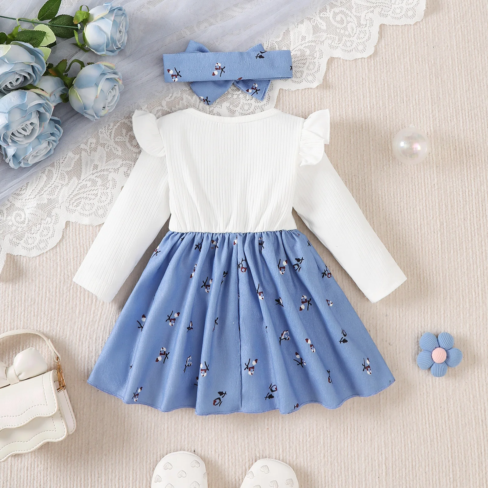 2pc/Set Childrens' baby Girl Dress Color Blocking Broken Flowers Big Bow Princess Dress+Headband 0-24 Months baby Fashion Dress