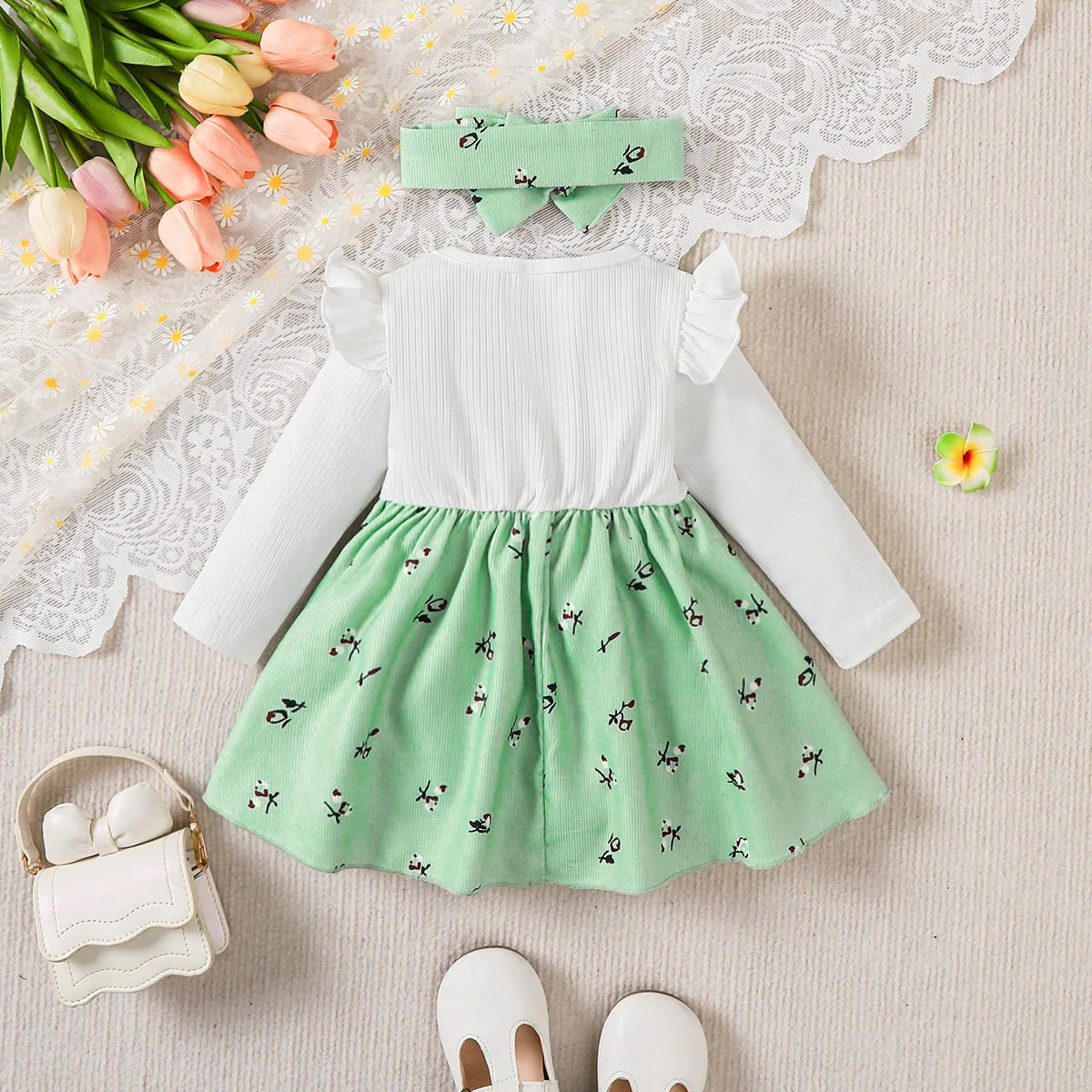 2pc/Set Childrens' baby Girl Dress Color Blocking Broken Flowers Big Bow Princess Dress+Headband 0-24 Months baby Fashion Dress