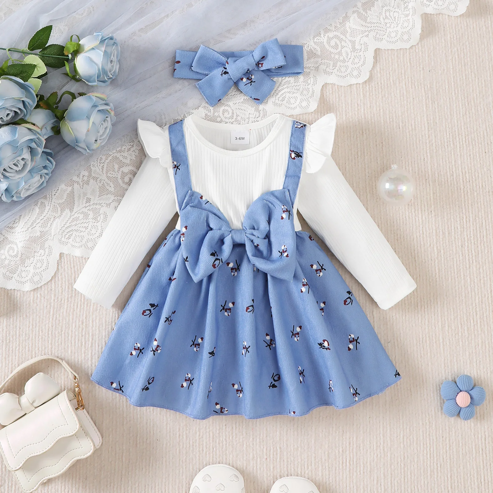 2pc/Set Childrens' baby Girl Dress Color Blocking Broken Flowers Big Bow Princess Dress+Headband 0-24 Months baby Fashion Dress