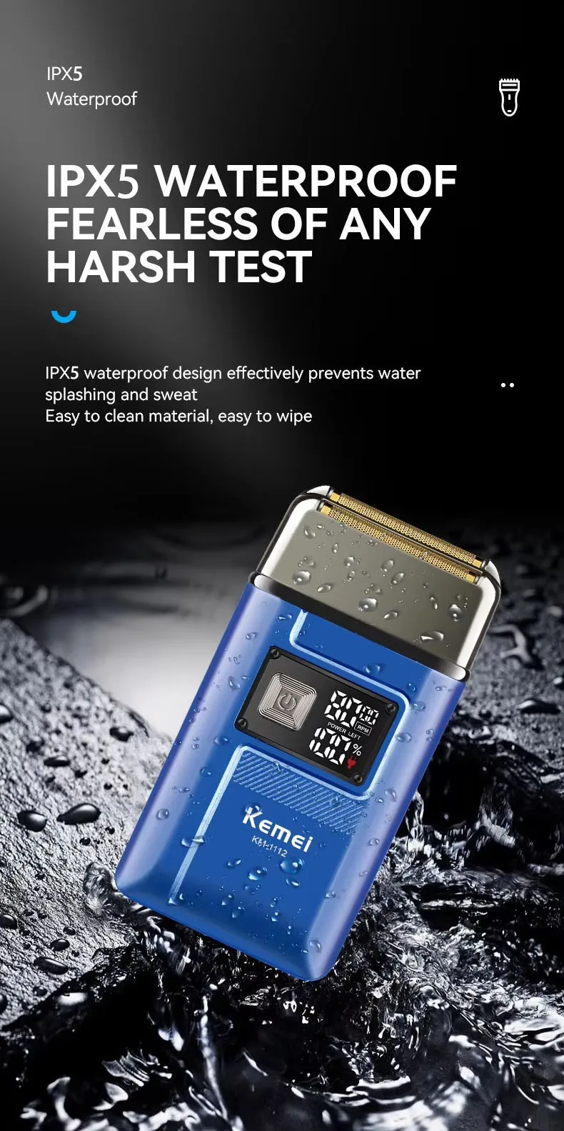 Kemei KM-1112 USB Charging IPX5 Waterproof Shaver 2 In1 Men's Rechargeable Electric Beard Razor Floating Forward Shaving Machine