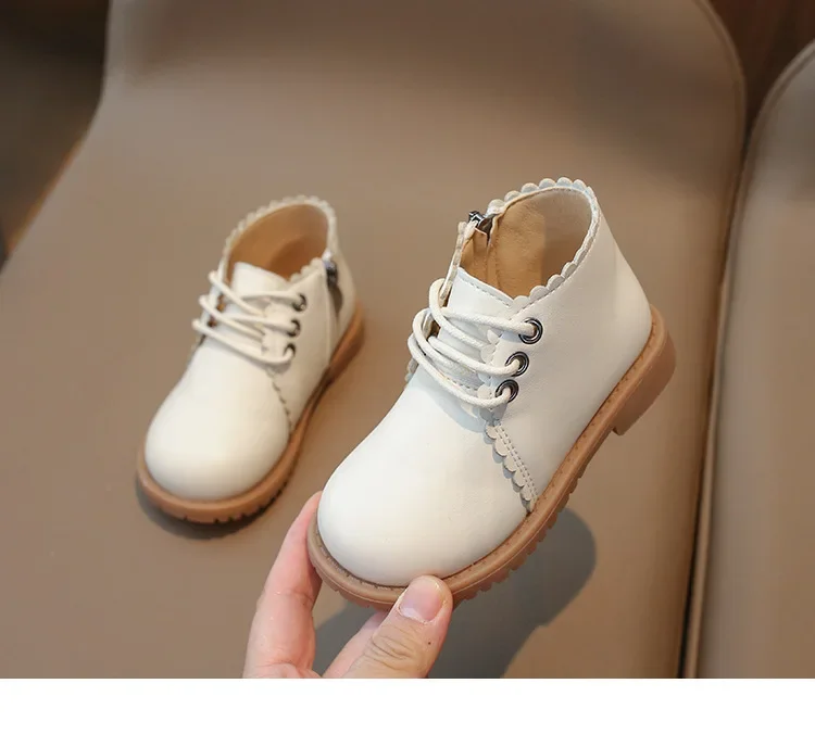 Girls Leather Boots 2024 Spring Autumn Kids Ankle Boots For Girl Lace-up Side Zipper Rubber Boots Size 21-30