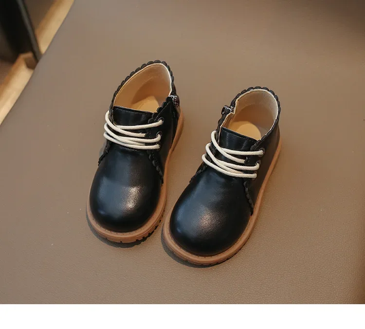 Girls Leather Boots 2024 Spring Autumn Kids Ankle Boots For Girl Lace-up Side Zipper Rubber Boots Size 21-30