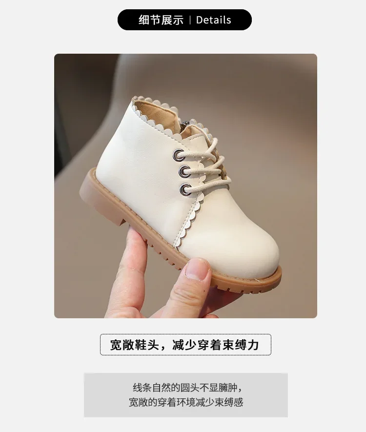 Girls Leather Boots 2024 Spring Autumn Kids Ankle Boots For Girl Lace-up Side Zipper Rubber Boots Size 21-30