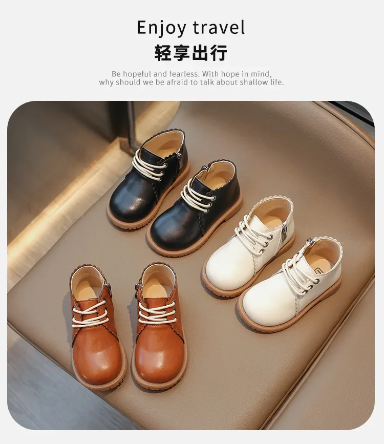 Girls Leather Boots 2024 Spring Autumn Kids Ankle Boots For Girl Lace-up Side Zipper Rubber Boots Size 21-30