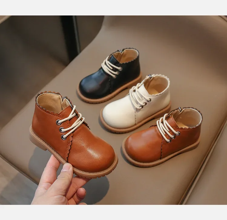 Girls Leather Boots 2024 Spring Autumn Kids Ankle Boots For Girl Lace-up Side Zipper Rubber Boots Size 21-30