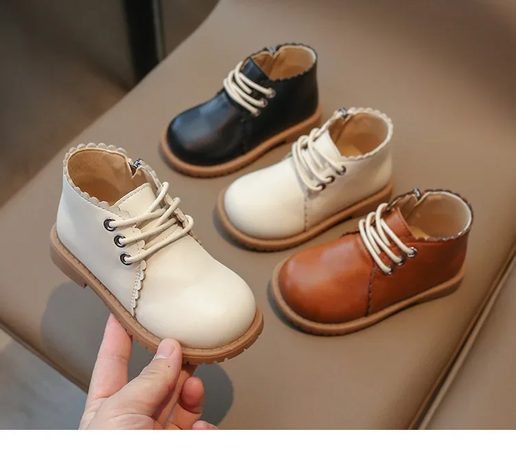 Girls Leather Boots 2024 Spring Autumn Kids Ankle Boots For Girl Lace-up Side Zipper Rubber Boots Size 21-30