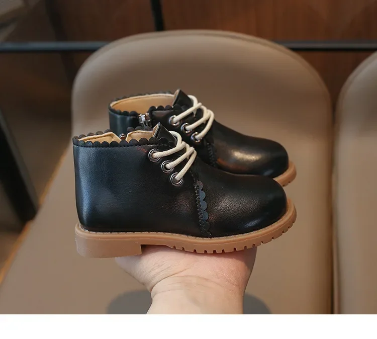 Girls Leather Boots 2024 Spring Autumn Kids Ankle Boots For Girl Lace-up Side Zipper Rubber Boots Size 21-30