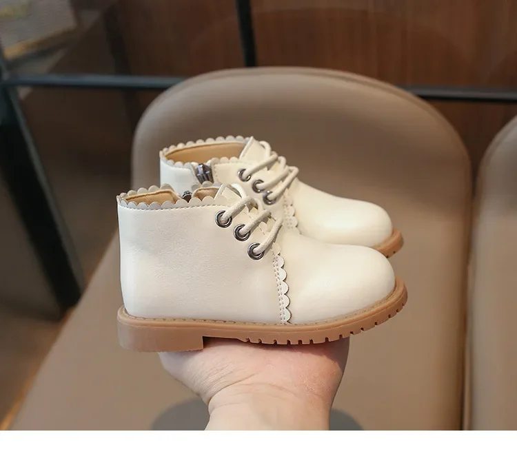 Girls Leather Boots 2024 Spring Autumn Kids Ankle Boots For Girl Lace-up Side Zipper Rubber Boots Size 21-30