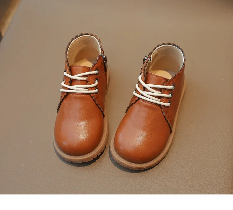 Girls Leather Boots 2024 Spring Autumn Kids Ankle Boots For Girl Lace-up Side Zipper Rubber Boots Size 21-30